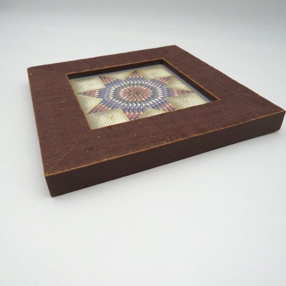 Set 2 Rustic Quilted Pattern Wall Art 7.5" Wooden Frames Large Star Dahlia - Picture 5 of 10